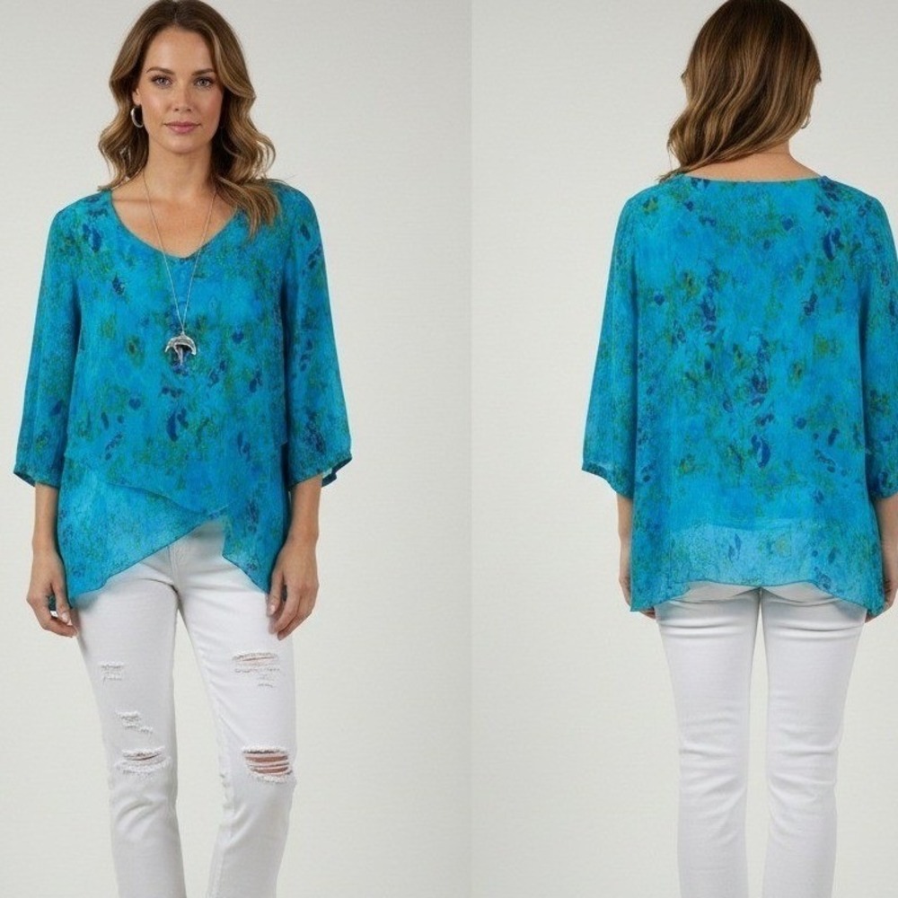 Vintage Click by Color Me Cotton CuproRayon Abstract Top Blouse XL Blue‎ Green